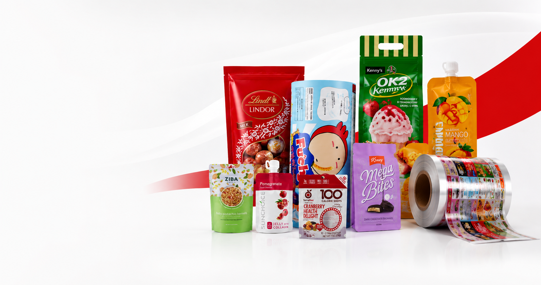Lion Packaging product range: pouches, labels, and roll film packaging